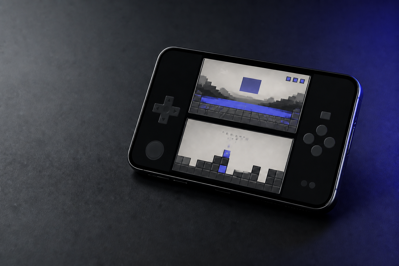 Black smartphone showing two abstract game screens and touch controls
