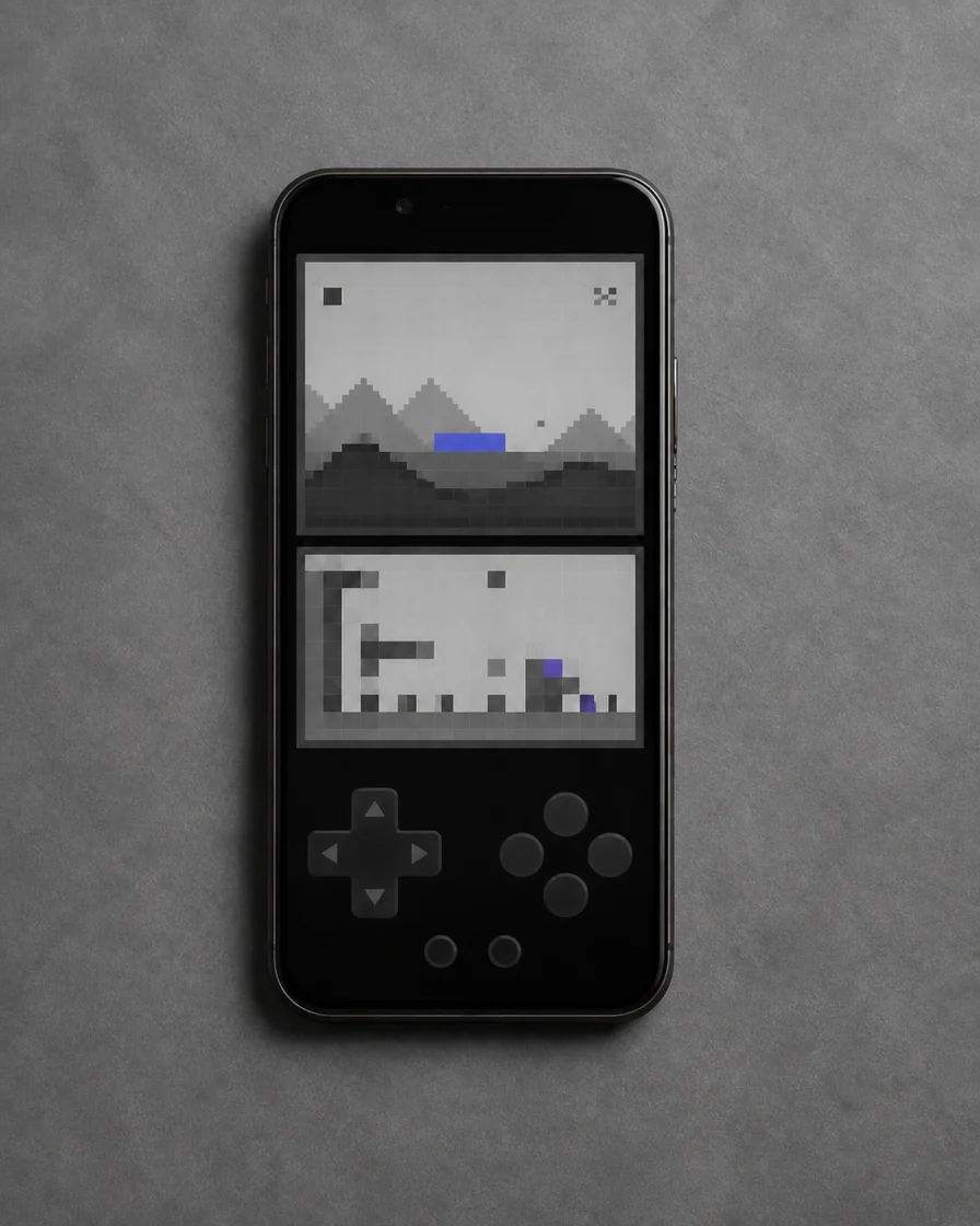 Portrait smartphone with two stacked abstract game screens